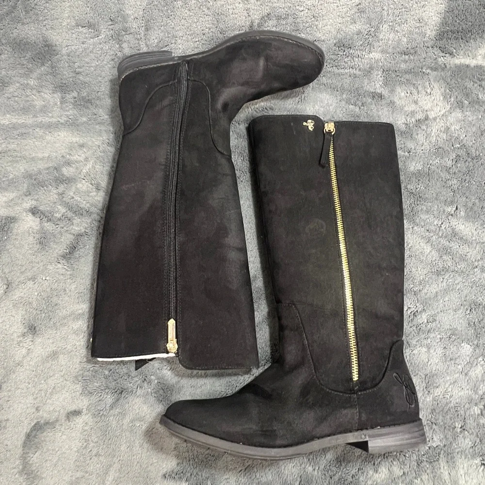 Sam Edelman Kendall Bethany Black Faux Suede Tall Riding Boots Gold Zip Womens 4
